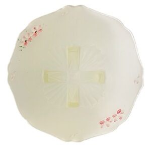 Depression Satin Glass Short Footed Compote Reverse Painted Floral Scallop Edge